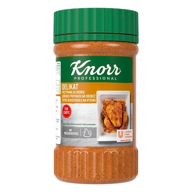 Knorr Professional Delikat Przyprawa do drobiu 0,6 kg - Delikat do drobiu zapewnia mięsu wyrazisty, bogaty smak i apetyczny wygląd, nadając mu rumiany kolor.