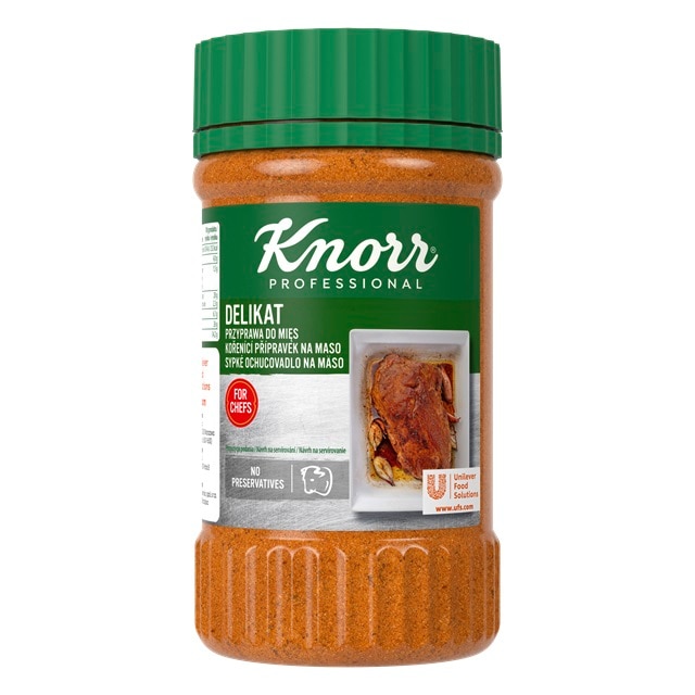 Delikat Przyprawa do mięs Knorr 0,6kg - Delikat do mięs zapewnia mięsom wyrazisty, bogaty smak i apetyczny wygląd, nadając im rumiany kolor.